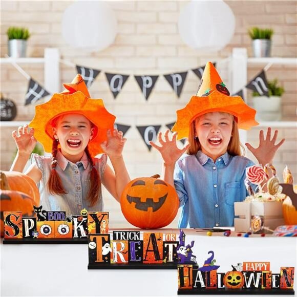3 Pcs Halloween Table Decorations Pumpkin Table Centerpiece Boo Spooky Wood Sign - Picture 5 of 6